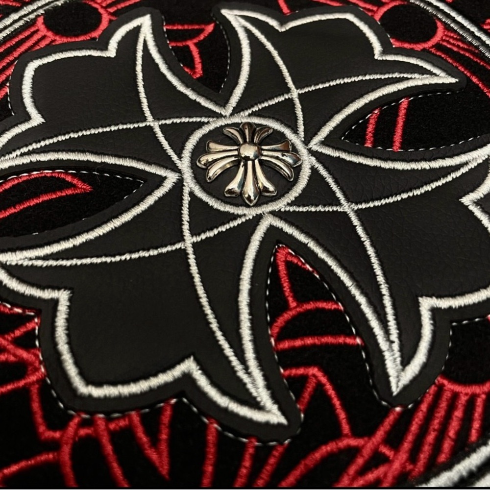 Chrome Hearts Black Leather-Sleeve Varsity Jacket with Red Embroidered Crest - Picture 6 of 7